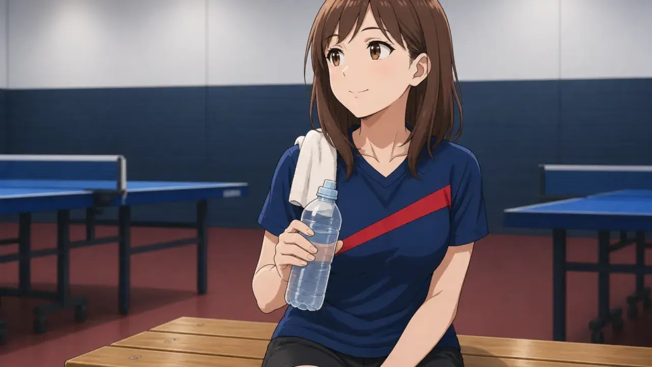 ジムのベンチで水分補給する卓球プレーヤー