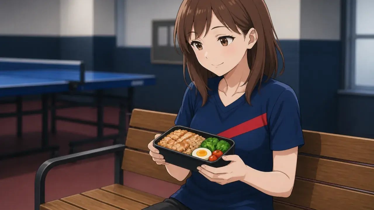 ヘルシーなお弁当を手に微笑むプレーヤー