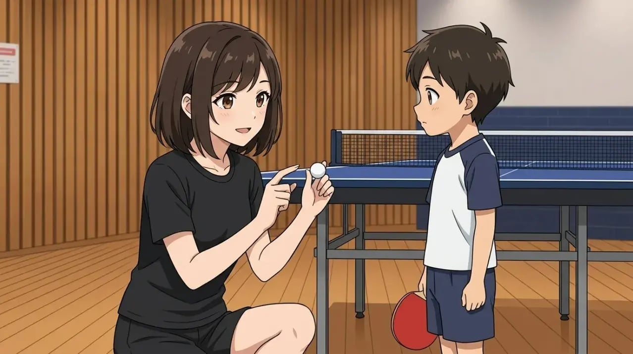 卓球台の横で、コーチが小学生の男の子にサーブの回転について優しく説明している様子。男の子はラケットを横に持ち、熱心に耳を傾けている。