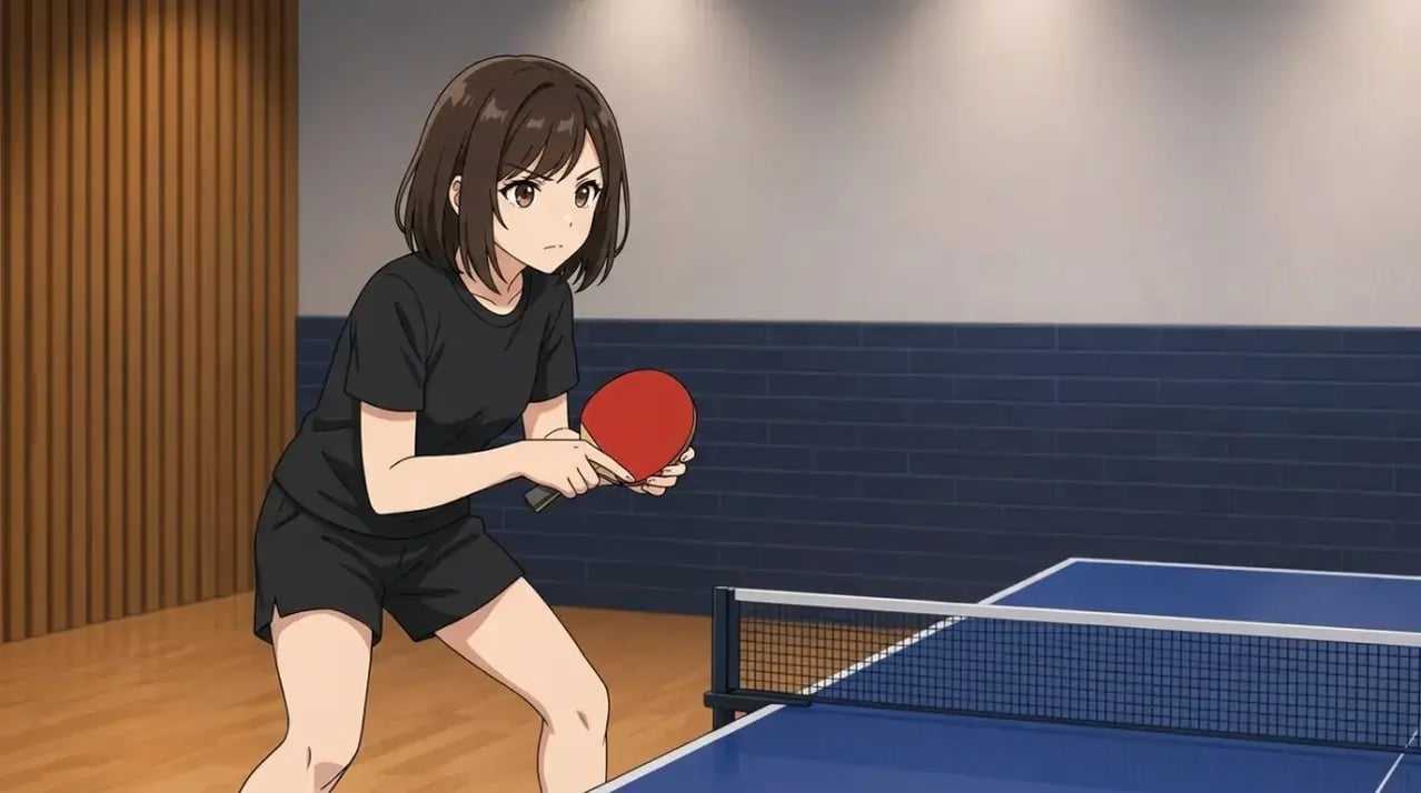卓球台の前に立ち、レシーブの低い構えで集中している若い女性選手。