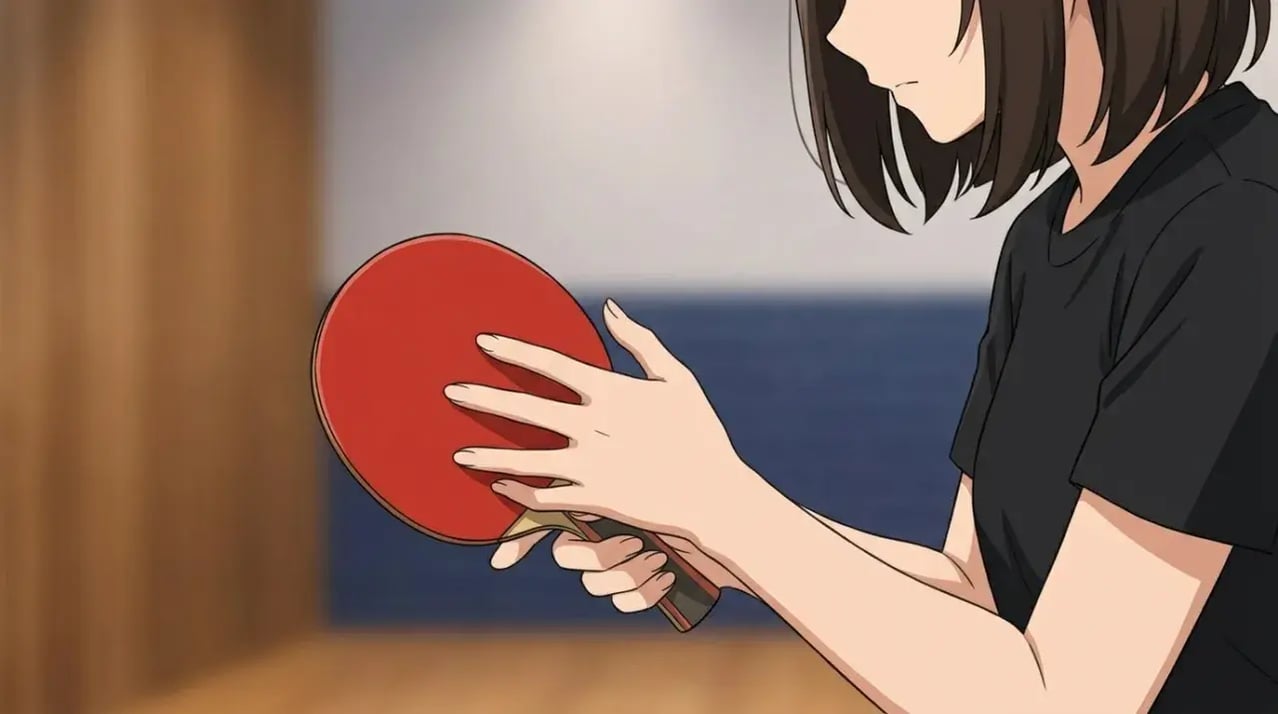 卓球ラケットを優しく握る若い女性選手の手のクローズアップ、試合前の集中。