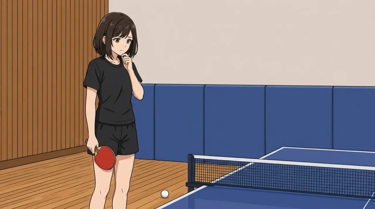 卓球台のそばで、床に落ちたボールを見つめながら深く考え込んでいる女性。迷いや不安を感じている様子。