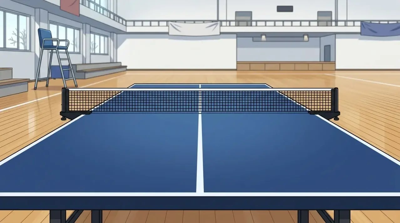 卓球台全体を少し高い視点から見た構図。ネットが中央に鮮明に描かれ、相手コートまで見渡せるクリアな空間が、戦略を練るための準備された場を示している。