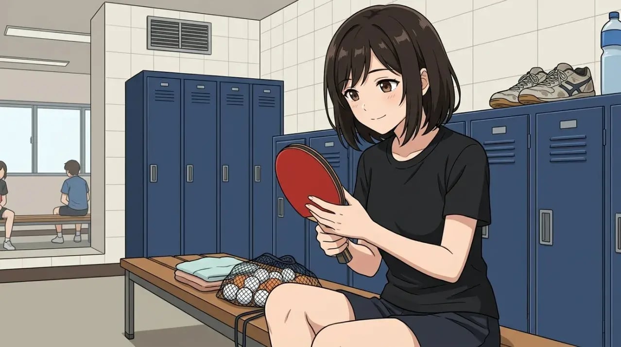 ベンチに座って卓球ラケットを眺め、物思いにふける若い女性。
