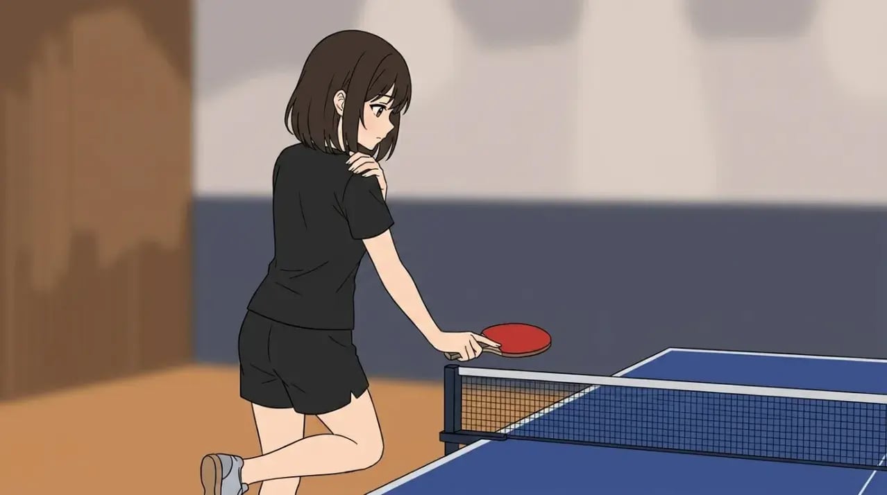 卓球台に寄りかかり、片手を肩に添えて考え込んでいる若い女性の全身像。