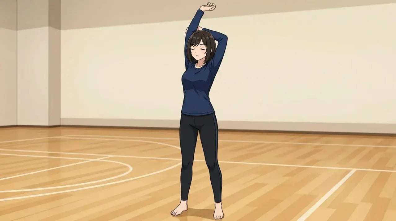 体育館で肩のストレッチをしている若い女性の全身像。