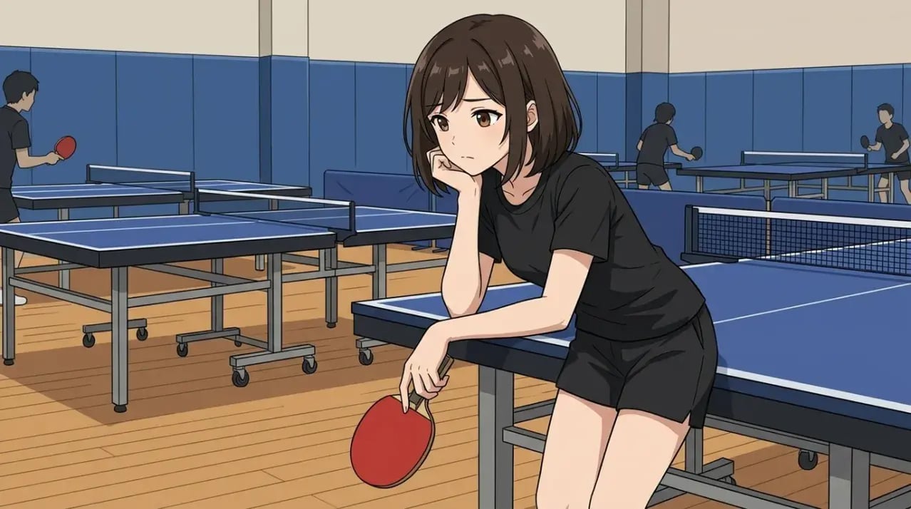 サーブ練習の落とし穴について考え込む若い女性。