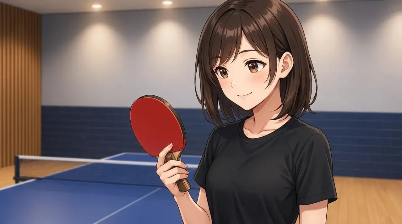 若い女性が卓球のラケットを手に、その表面やグリップを注意深く観察しているクローズアップ。