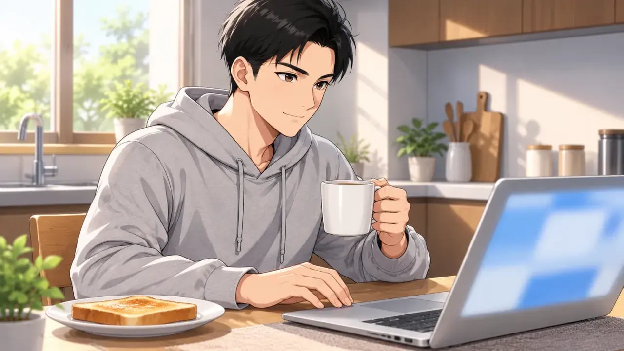 朝の明るいキッチンで、マグカップを手にした若い男性がノートパソコンの画面をのぞき込み、前夜の試合結果を確かめている様子