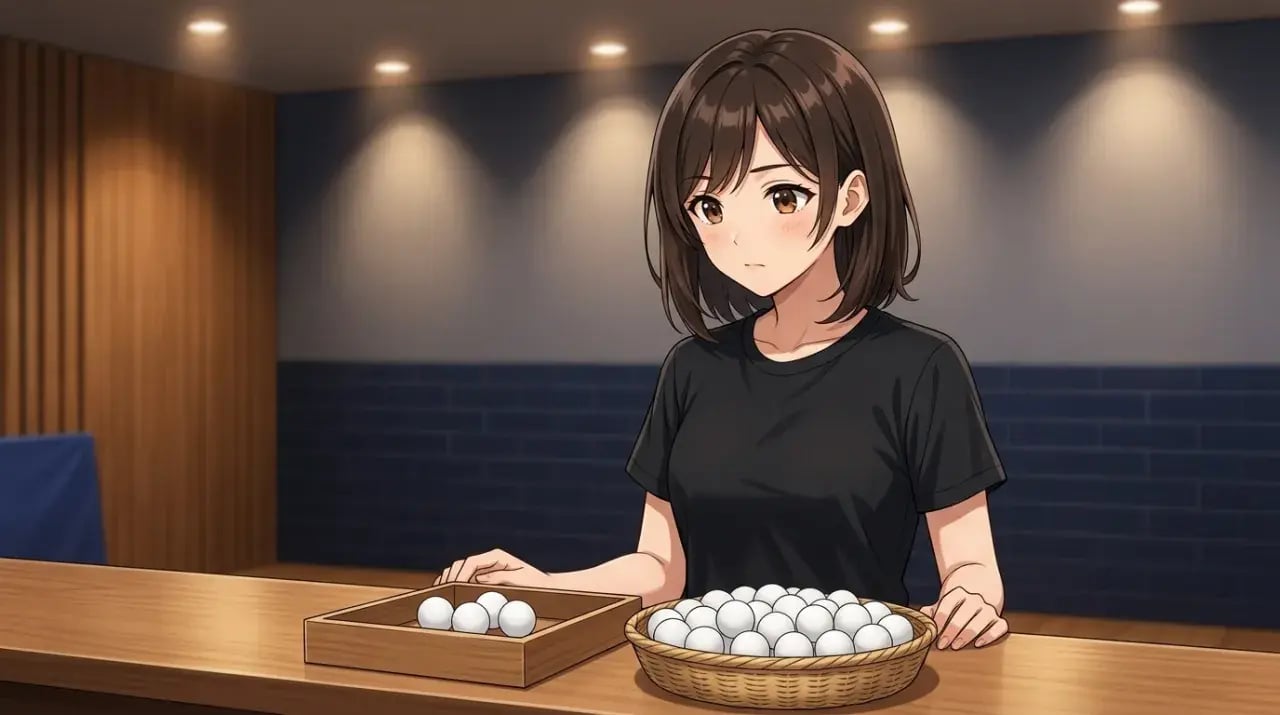 少量のボールと球数の多いかごを見比べる女性