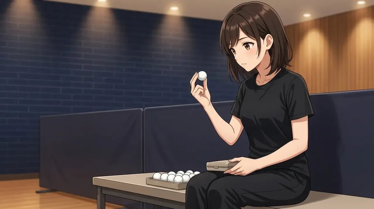 ボールを手に取り状態を確認する女性