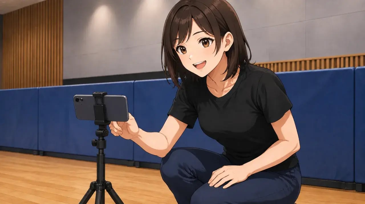 体育館で三脚に取り付けたスマートフォンを調整する女性