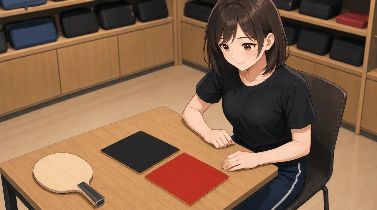 用具店の机に並ぶラバーとラケットを見比べる女性