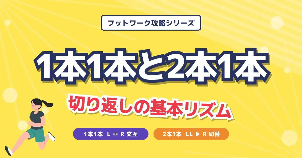 黄色背景に集中線とボール散らし、左下に走る女性のフラットイラストを配し、「1本1本と2本1本」白袋文字と赤斜体「切り返しの基本リズム」を中央集約した記事バナー。
