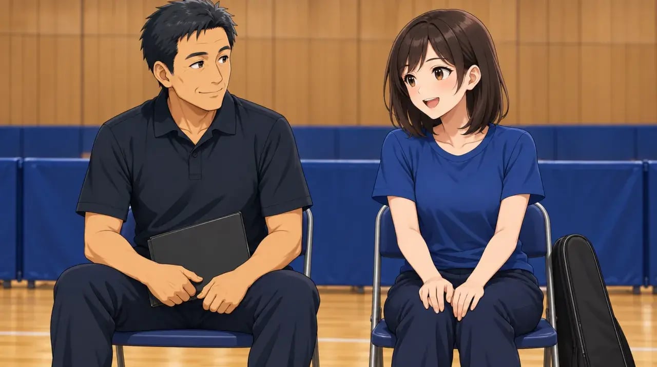 体育館の椅子に座り、試合前に話す男女