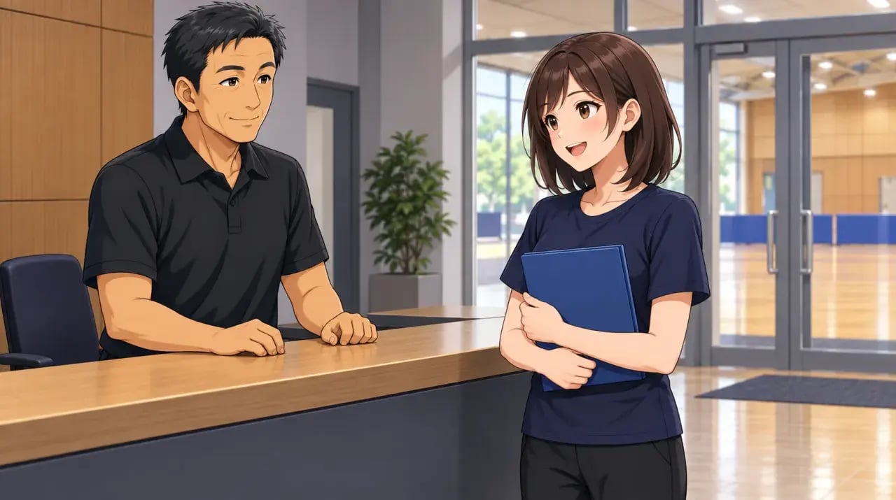 ファイルを持って会場の受付で相談する女性
