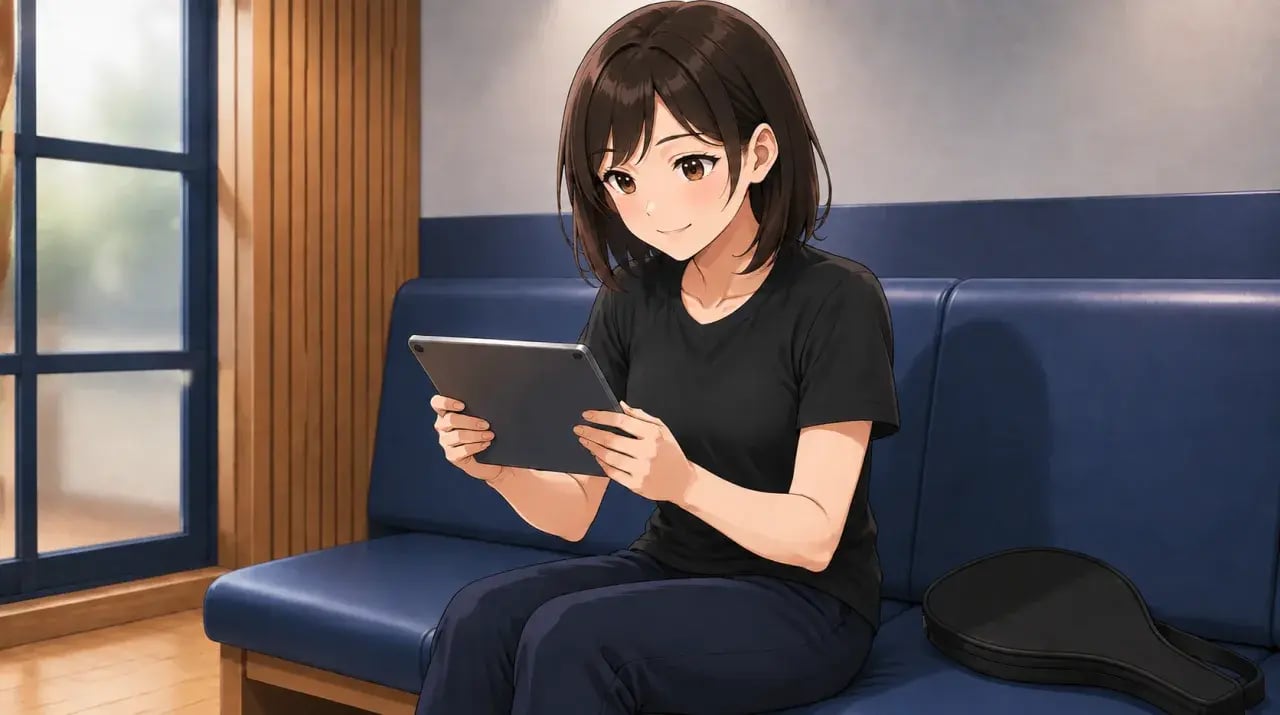 ベンチに座り、両手で持ったタブレットを確認する女性