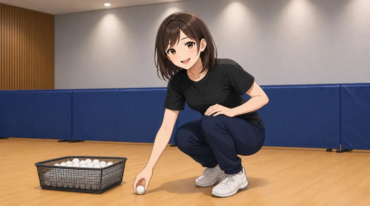 ボールかごの横にしゃがみ、床の卓球ボールを拾う女性
