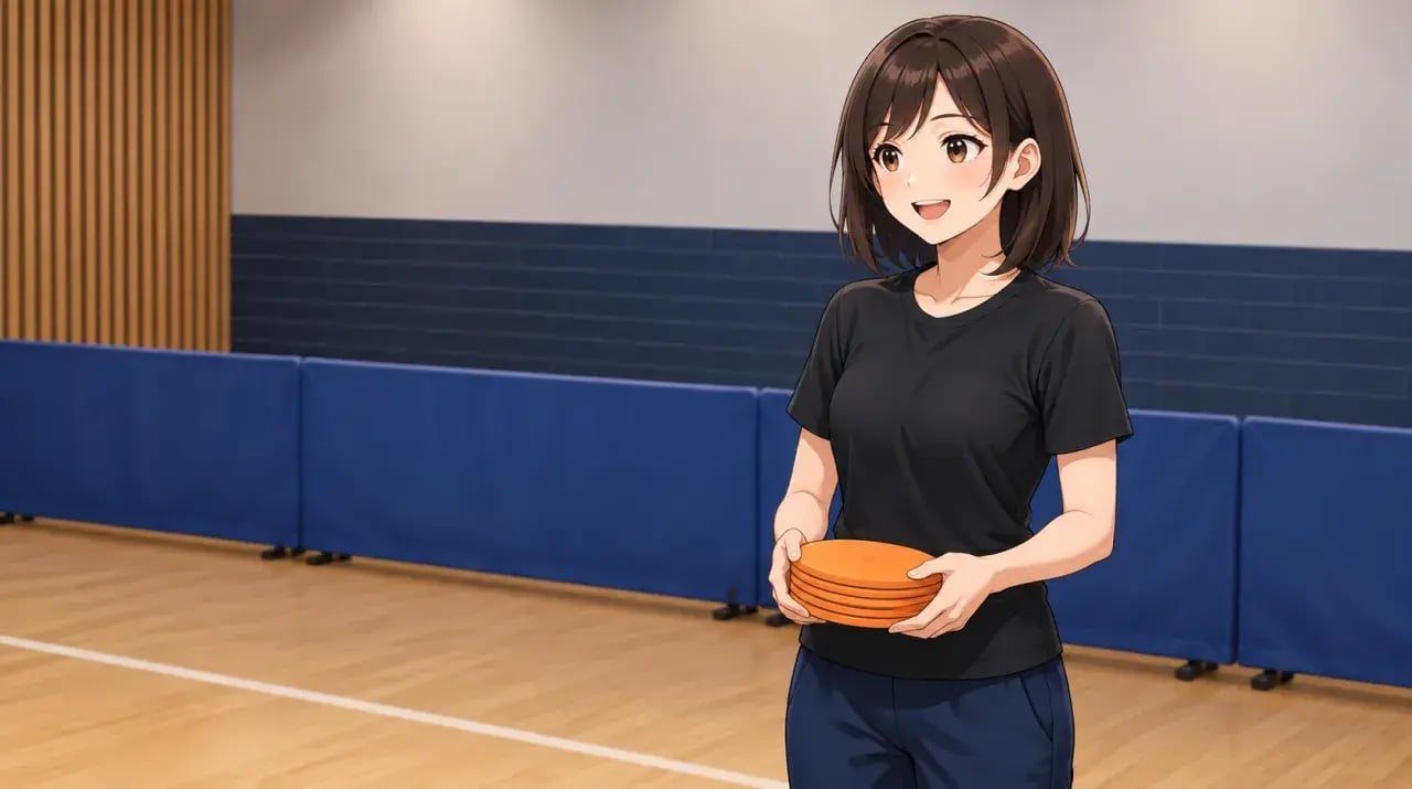 体育館で丸い練習用マーカーを両手に持つ女性