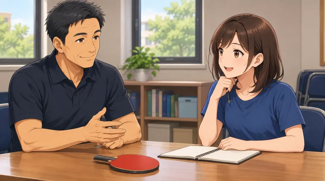 机を挟んで指導について相談する男女