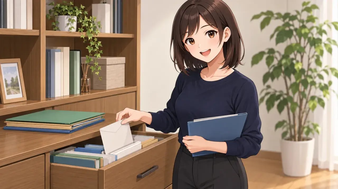 保管していた資料を取り出して整理する女性