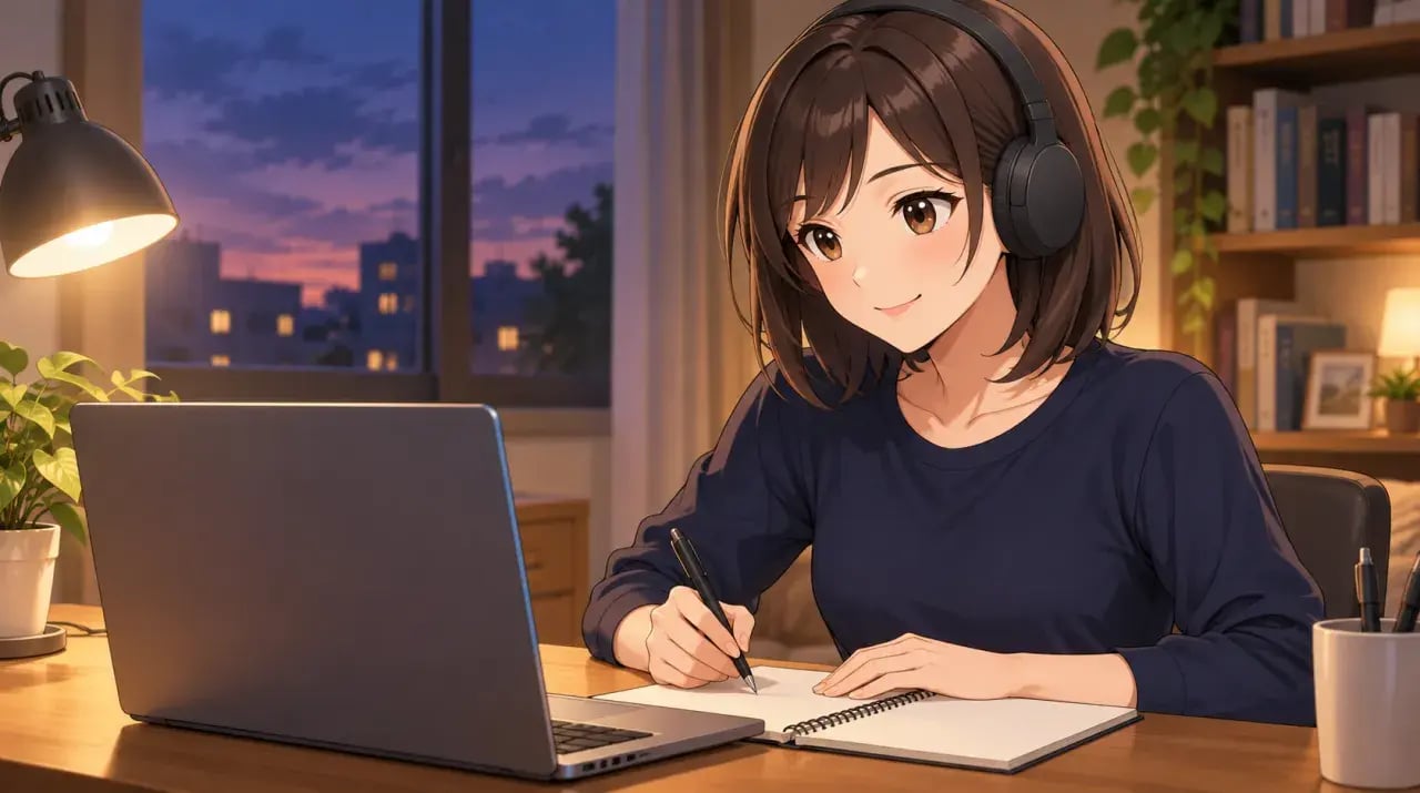 ヘッドホンを着け、パソコンを見ながらノートに向かう女性