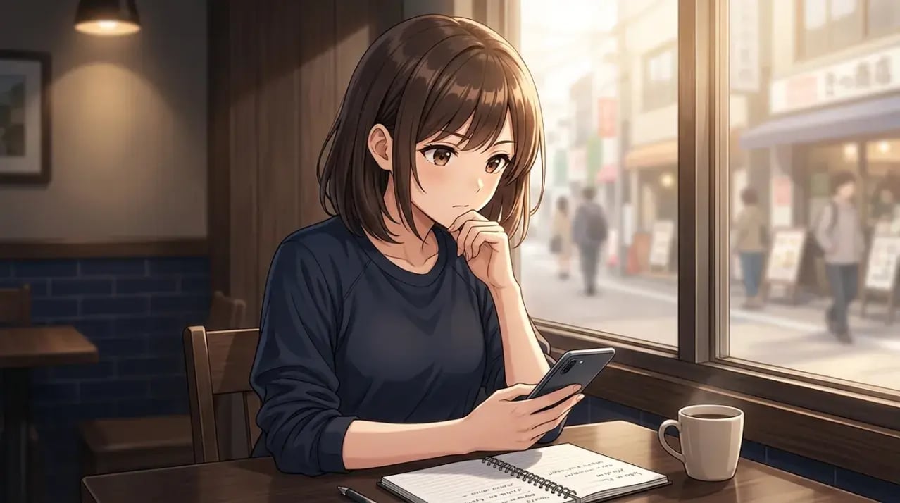 窓際のカフェでスマートフォンを見ながら卓球ができる場所を探す女性