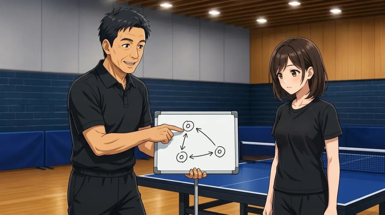 卓球場でホワイトボードにファルケンベリの3球コースを描いて説明するベテラン男性コーチと真剣に聞く若い女性選手。