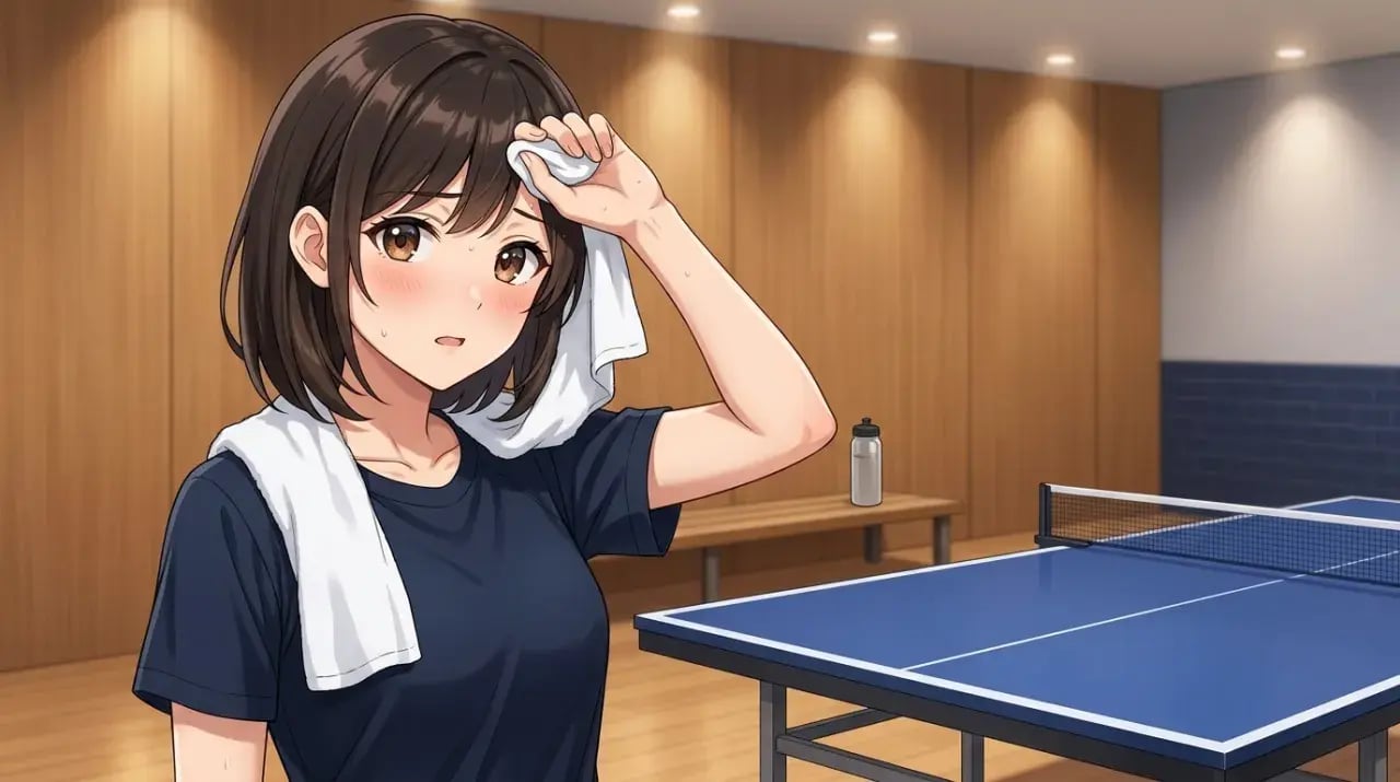 ファルケンベリ練習の合間にタオルで額を拭い一息つく若い女性選手。近くに水筒が置かれている。