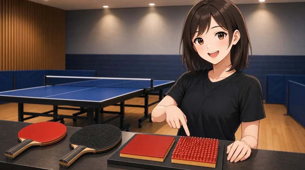 平らな裏ソフトと粒のある表ソフトのラケットとゴム断面の比較