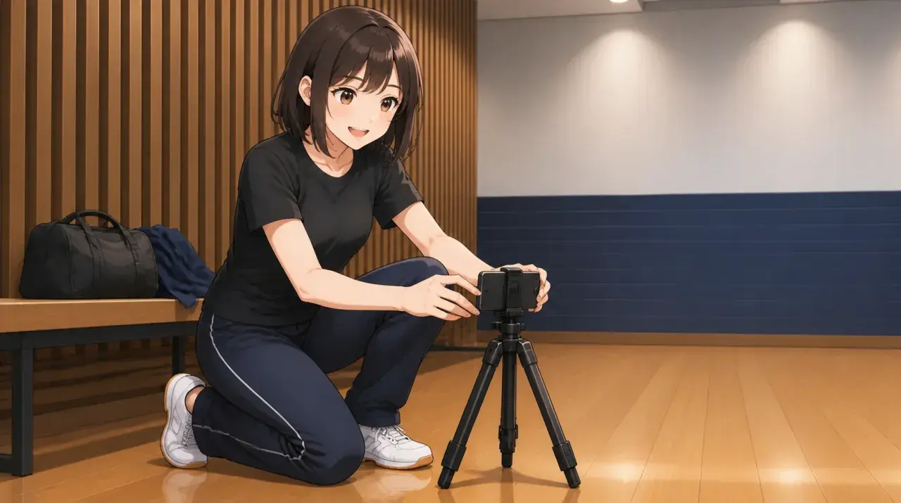 練習を撮影するため、ベンチの横で三脚にスマートフォンを固定する女性