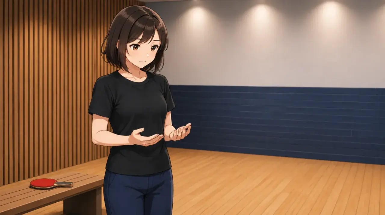 ラケットをベンチに置き、両手を緩めて見下ろす女性