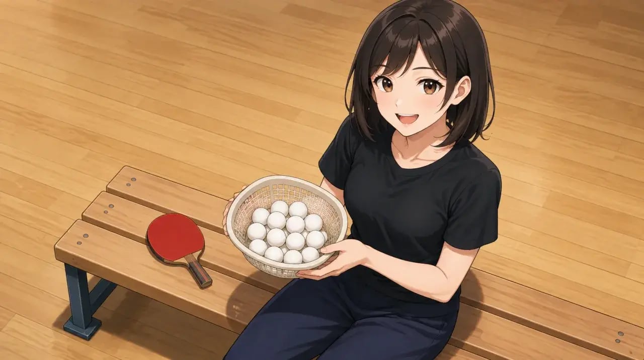 球出し練習に向けて白い卓球ボールの入ったかごを持つ女性