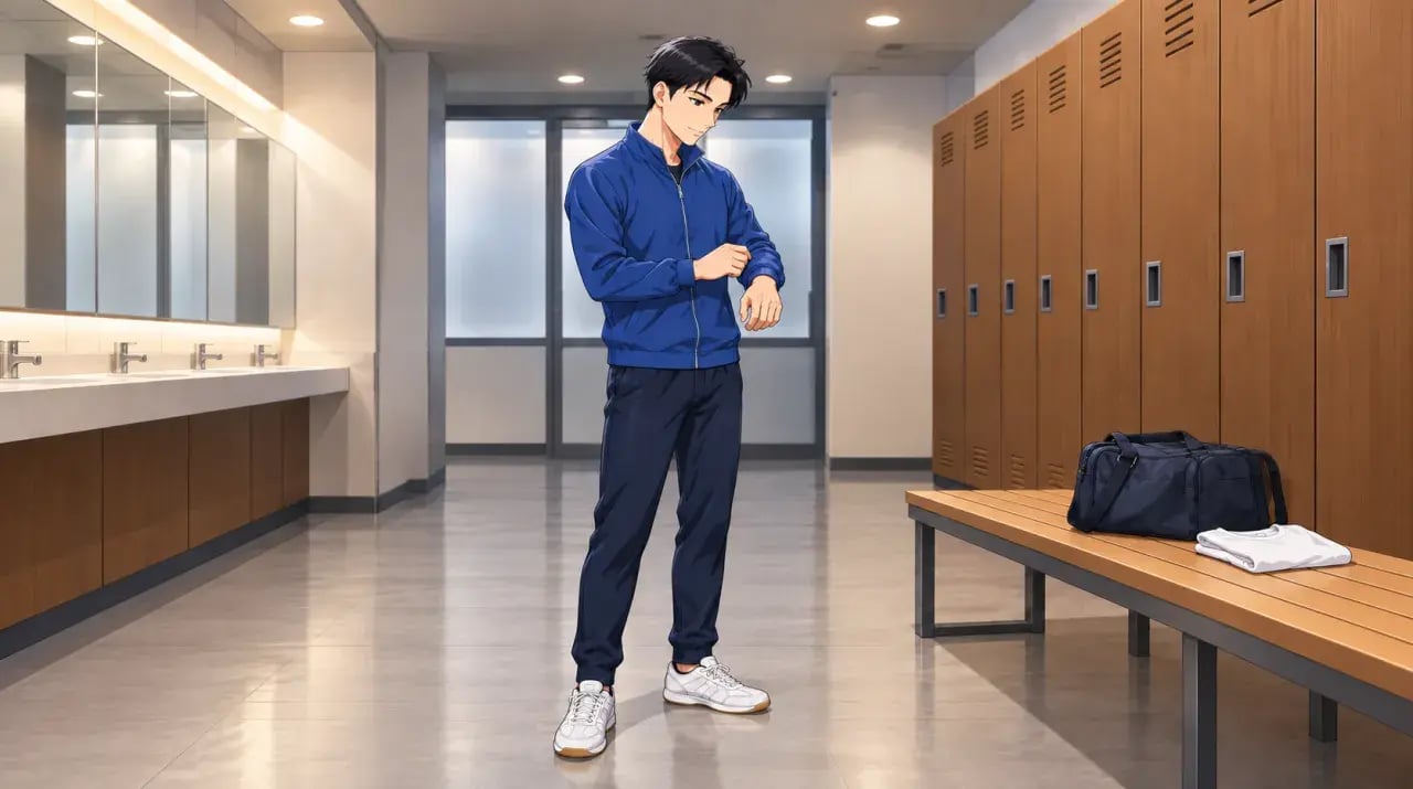 体育館のベンチ横で長袖ジャージの袖の長さを確認する男性