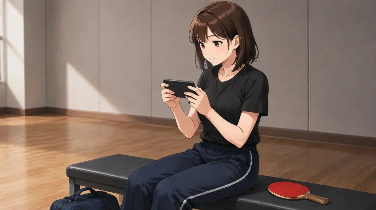 体育館のベンチでスマートフォンを見返す女性と脇に置かれたラケット