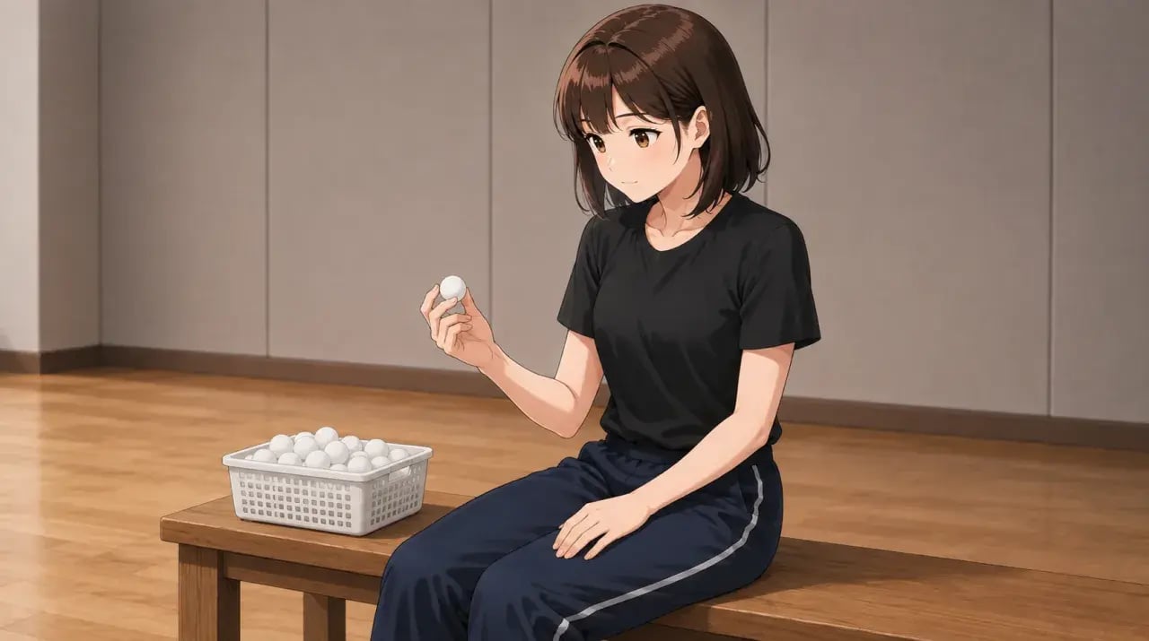 球出し用のボールが入ったかごの隣で白いボールを手に取る女性
