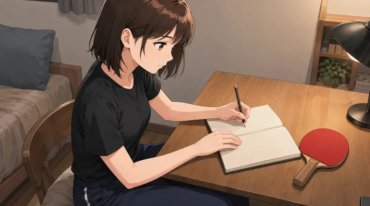 ラケットを置いた机で開いたノートに鉛筆を添える女性