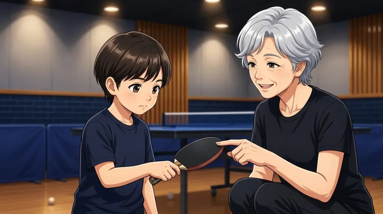 子どもの目線に合わせてラケットの持ち方を教えるコーチ