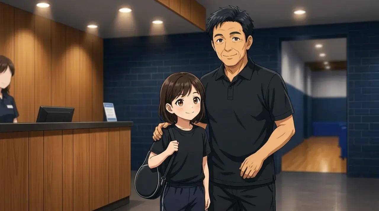 ラケットケースを肩にかけ受付で保護者と一緒に立つ子ども