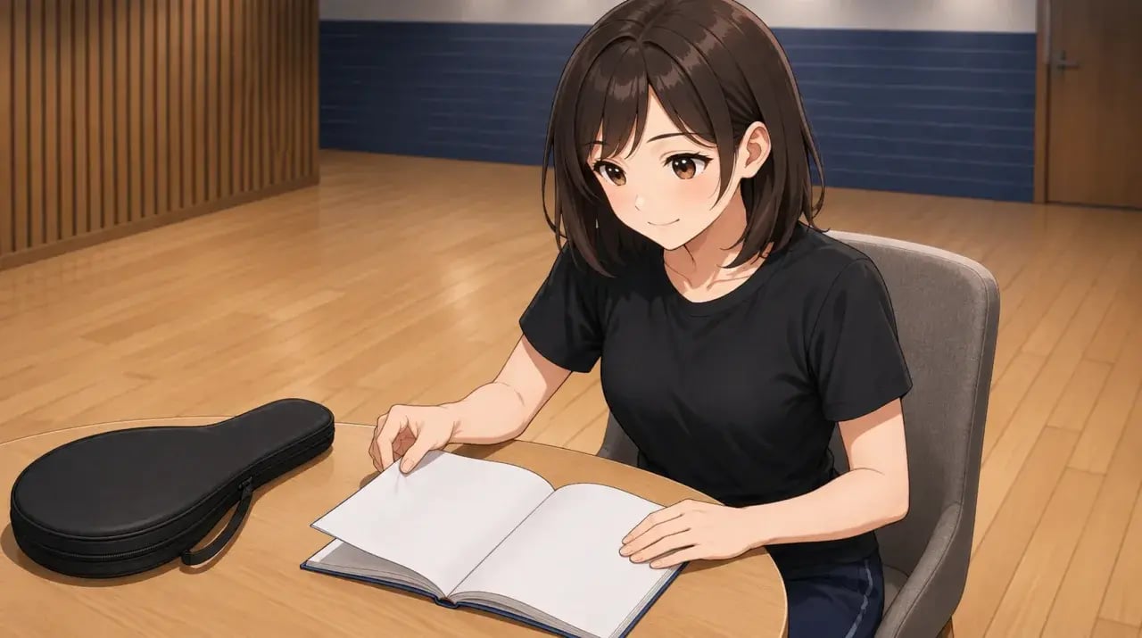 卓球場の机で冊子を開いて確認する選手