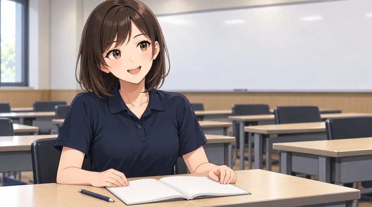 教室で教材を開き、説明を聞く女性