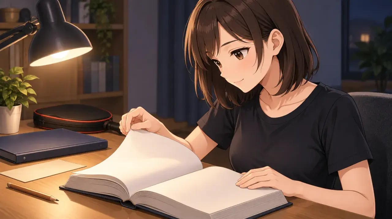 机のライトの下で本を読み進める女性