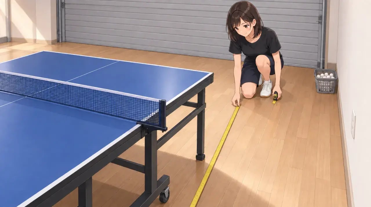 ガレージを改装した部屋で、卓球台の横の床にメジャーを伸ばして広さを測る女性