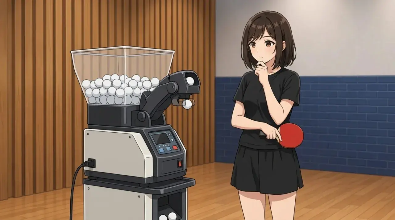 卓球マシンの横でラケットを構える女性