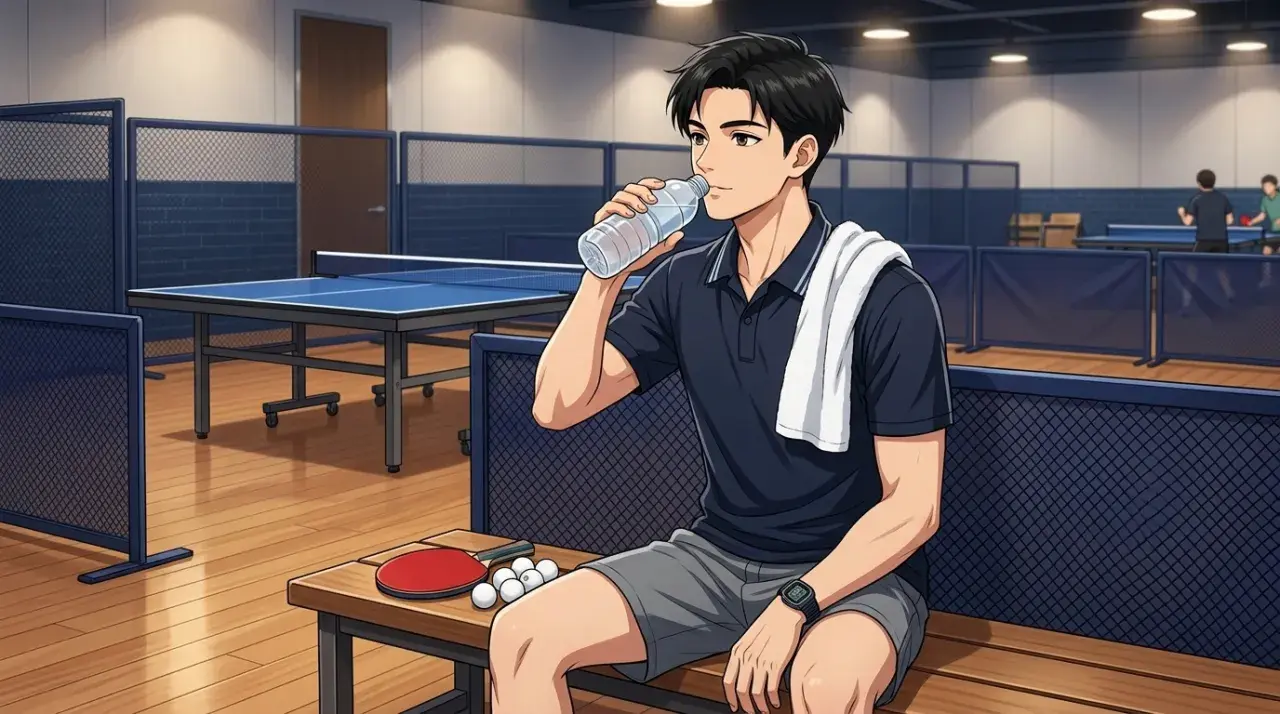 練習の合間に休憩する男性