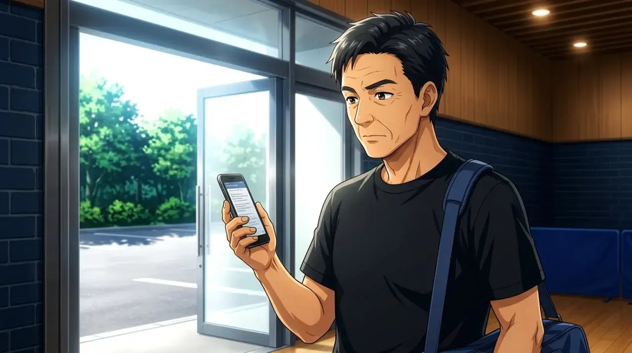 真夏の体育館入口でスマートフォンの画面を確認する男性