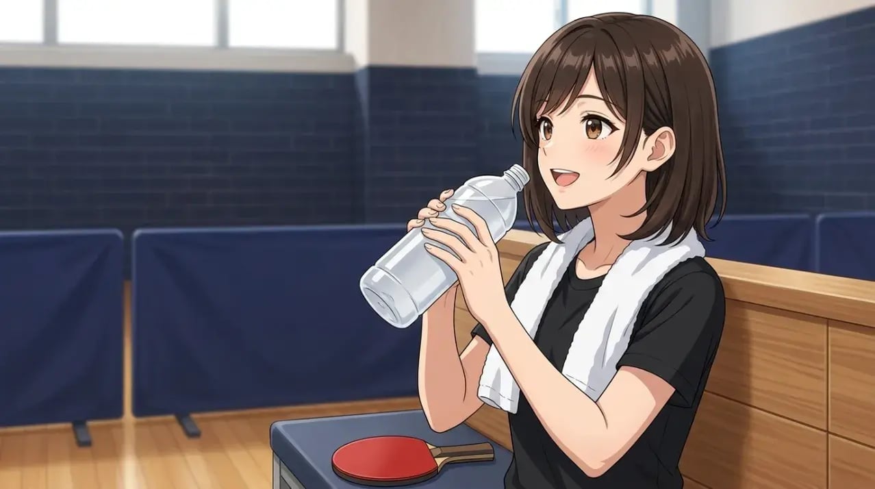 体育館のベンチでタオルを首にかけ、ペットボトルの水を飲んで休憩する女性
