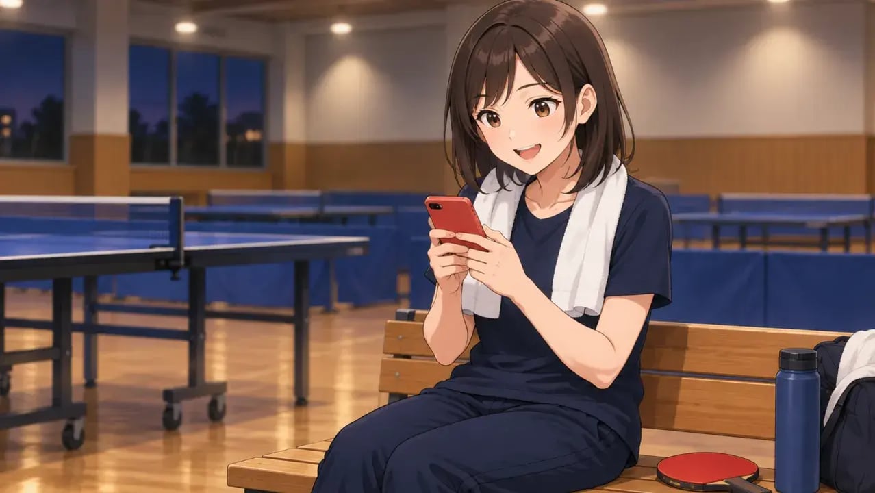 卓球場のベンチで、首にタオルをかけた女性が練習の合間に赤いケースのスマートフォンを両手で持ち、笑顔で画面を見ている様子