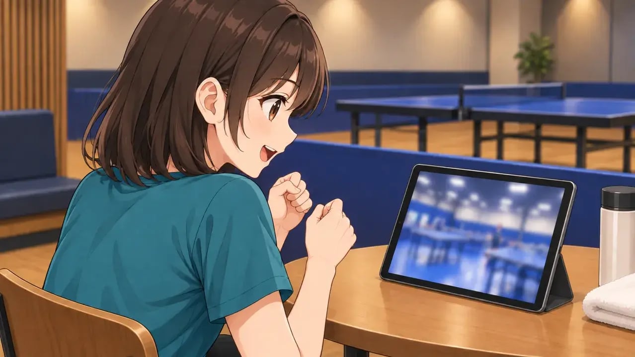 卓球場の休憩スペースで、テーブルに立てたタブレットの試合中継を見ながら、女性が両手を握りしめて声を上げて応援している様子