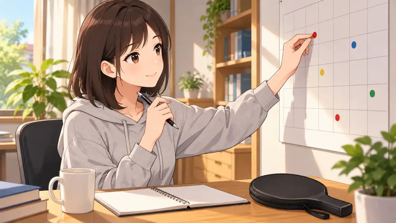 自宅の机に座った女性が、壁に貼った数字のないカレンダーに色つきのシールを貼り、今後の予定を考えている様子